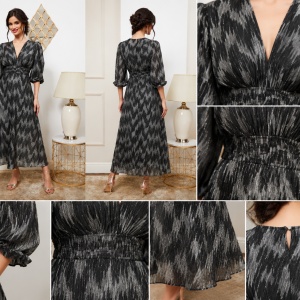 Rochie damă lungă argintie cu imprimeu abstract - Img 4