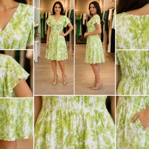 Rochie Damă Midi cu Imprimeu Floral Verde și Mâneci Vaporoase - Img 3