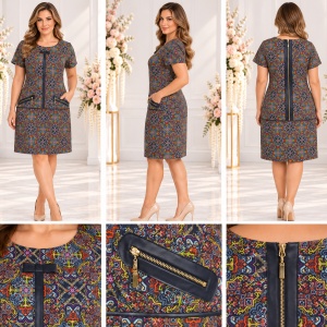Rochie damă multicoloră cu imprimeu geometric și detalii negre - Img 2