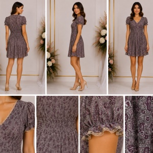 Rochie damă scurtă cu imprimeu floral-paisley și detalii din dantelă – Gri & Mov - Img 2
