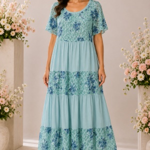 Rochie damă turcoaz cu imprimeu floral albastru și croială în volane