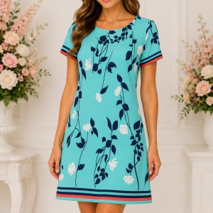 Rochie damă turcoaz cu imprimeu floral și detalii contrastante