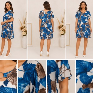 Rochie de damă cu imprimeu floral abstract albastru și maro – croială lejeră - Img 2