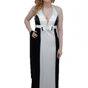 Rochie de gala bicolora, negru-alb, saten fin, bretele dupa gat - Img 1