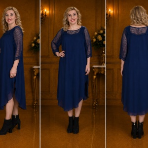 Rochie de gala bleumarin, masura mare, insertie de voal deasupra - Img 3
