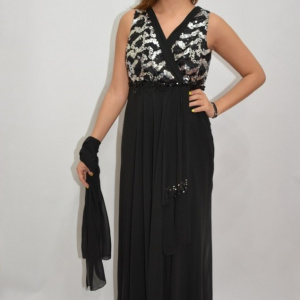 Rochie de gala lunga, cu insertii de paiete argintii, pe fond negru - Img 3