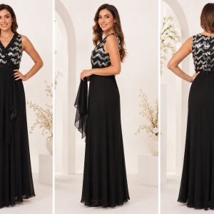 Rochie de gala lunga, cu insertii de paiete argintii, pe fond negru - Img 4