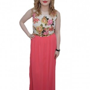 Rochie de gala, nuanta de corai, imprimeu floral clasic