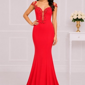 Rochie de gala tip sirena, culoare rosie, cu insertie de tul nud