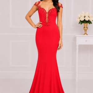 Rochie de gala tip sirena, culoare rosie, cu insertie de tul nud