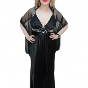 Rochie de ocazie din saten negru, cu decolteu in V, model lung - Img 1