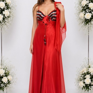 Rochie de seara, de nuanta rosie, din saten si voal, cu paiete