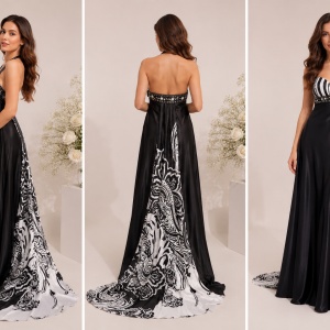 Rochie de seara, deosebita, din saten fin, nuante de negru cu alb - Img 3