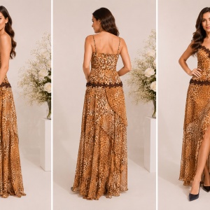 Rochie de seara lunga, animal-print cu insertii din broderie florala - Img 3