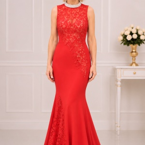 Rochie de seara lunga, culoare rosie, cu insertii de dantela
