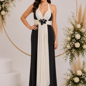 Rochie de seara lunga eleganta, combinatie de negru cu alb, din voal