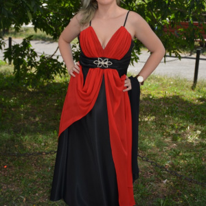Rochie de seara lunga, neagra, din saten, cu verde sau cu rosu - Img 6