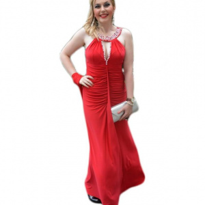Rochie de seara lunga, rosie, cu design din margele albe in zona gatului - Img 1