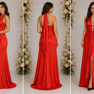Rochie de seara, nuanta rosie, cambrata pe talie, crapata in fata - Img 2