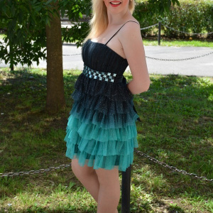 Rochie de seara scurta, neagra cu turcoaz, model cu sclipici in tesatura - Img 3