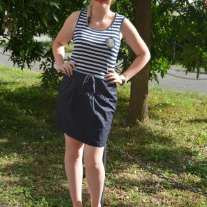 Rochie de vara cu design de dungi orizontale bleumarin-alb - Img 2