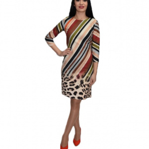 Rochie de zi cu cu dungi si imprimeu animal-print ,multicolora - Img 1