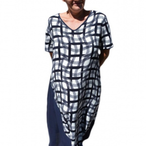 Rochie de zi cu imprimeu de patratele, culoare Bleumarin-alb - Img 1