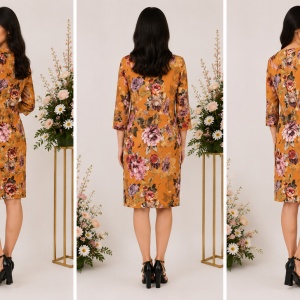 Rochie de zi Fevine cu model floral tip mozaic, pe fundal de mustar - Img 2