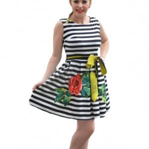 Rochie de zi, model aparte, cu dungi alb negre si flori colorate - Img 1