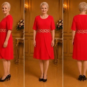 Rochie deosebita de ocazie, rosie, cu dantela, voal si cristale aurii - Img 2