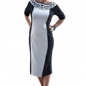 Rochie deosebita de vara, design cu aspect brodat, negru-alb