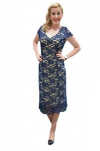 Rochie din dantela bleumarin pe fond bej, de lungime medie - Img 1