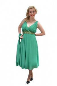 Rochie din voal si saten verde cu insertie de paiete aurii in talie - Img 1