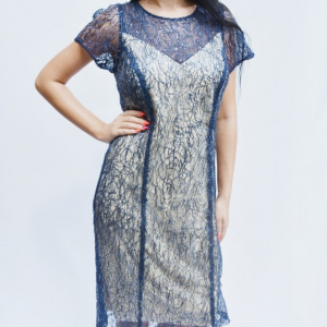 Rochie elegant de zi ,nuanta bleumarin-bej - Img 5