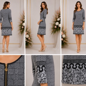 Rochie elegantă alb-negru cu imprimeu geometric și floral - Img 2