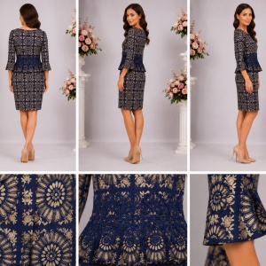 Rochie elegantă bleumarin cu imprimeu floral auriu, dantelă decorativă în talie și croi cambrat - Img 2