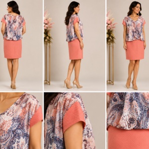Rochie elegantă corai cu suprapunere imprimată - Img 2