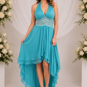 Rochie eleganta, culoare turcoaz, model scurt in fata lung in spate