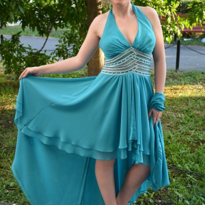 Rochie eleganta, culoare turcoaz, model scurt in fata lung in spate - Img 5