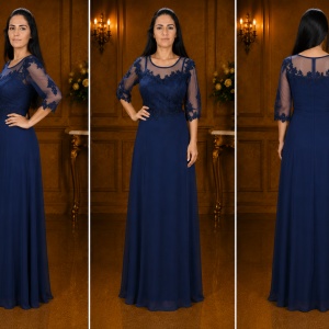 Rochie eleganta din voal combinat cu dantela eleganta, bleumarin inchis - Img 3