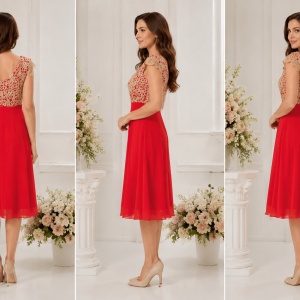 Rochie eleganta din voal rosu si dantela aurie, lungime medie - Img 3