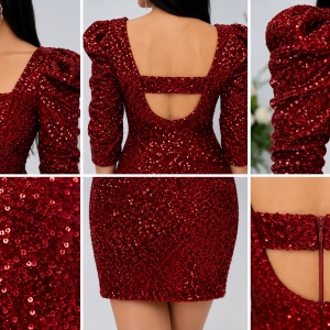 Rochie eleganta Liana cu paiete si maneci bufante,rosu - Img 3