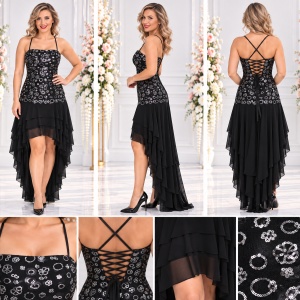 Rochie eleganta lunga, insertii de paiete argintii si trena din volanase - Img 2