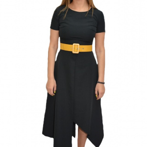 Rochie eleganta, neagra, asimetrica, accesorizata cu o curea galbena lata - Img 1