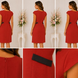 Rochie elegantă roșie cu curea decorativă și detalii aurii - Img 2