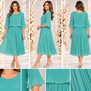 Rochie elegantă turcoaz plisată, vaporoasă, cu mâneci 3/4 - Img 2