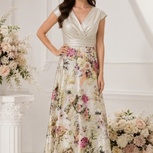 Rochie fashion de ocazie, model lung in nuanta aurie cu flori