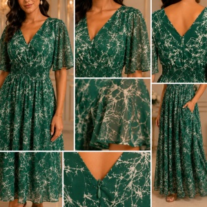 Rochie fashion de ocazie, model lung in nuanta verde-auriu - Img 3