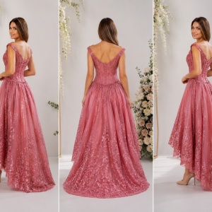 Rochie fashion de seara, nuanta de roz cu margele aplicate - Img 2