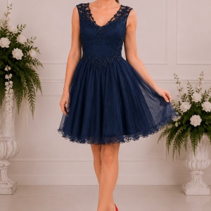 Rochie fashion de seara, tul cu insertii de dantela nuanta bleumarin